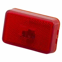 This incandescent clearance light features a rectangular red lens with A/P2 SAE rating. It uses a grommet mount and a female pin connector for electrical connection. Typical applications include marking the width and height of trucks, trailers, and heavy equipment