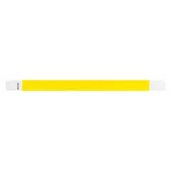 Tyvek security wristband in yellow, 10 inches long and 3/4 inch wide. Supplied in a 500-count pack. Suitable for temporary identification and access control at events, healthcare facilities, and industrial sites.