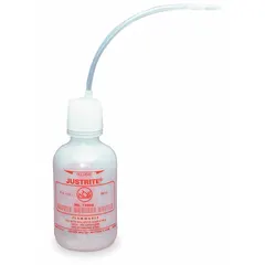 This 1 L narrow mouthed wash bottle features a white body with a colorless nonvented closure and a standard spout. It is imprinted with the Flammables group designation for content identification. Typical applications include dispensing solvents and chemicals in laboratory and industrial settings where controlled liquid handling is required.