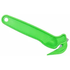 This disposable single-hook safety cutter features a straight handle and plain steel blade, with an overall length of 6-1/2 inches. Designed for cutting film, shrink wrap, and packaging materials in industrial and warehouse settings. The cutter incorporates anti-microbial properties to reduce surface bacteria in high-use environments.