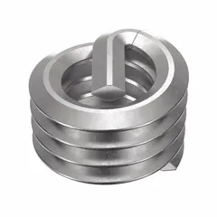 Free-running tanged helical insert for #8-32 threads, plain finish, supplied in a 100-piece pack. Constructed from 18-8 stainless steel with tensile strength between 200,000 and 250,000 psi. Used to repair or reinforce internal threads in metal components, restoring stripped threads without replacing the parent part.