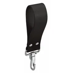 Black leather tool holster designed to carry wrenches on a belt. Features a belt slot and snap hook attachment, fitting belts up to 4 inches wide. Zero pockets. Suitable for electricians and maintenance technicians requiring quick access to wrenches.