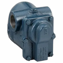 Cast iron C-pattern float and thermostatic steam trap with 1 1/4 in FNPT connection, rated for 2,500 lb/hr condensate capacity at 15 psi maximum operating pressure. Stainless steel float. Designed for horizontal installation in steam mains, heat exchangers, and low-pressure heating systems to automatically drain condensate while preventing steam loss.
