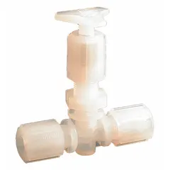 This high-purity needle valve features compression x compression connections for 1/4 in pipe size. The PFA stem and body provide corrosion resistance for fluid handling systems requiring contamination control. Maximum working pressure is 100 psig (CWP). Suitable for applications where precise flow regulation and chemical compatibility are necessary.