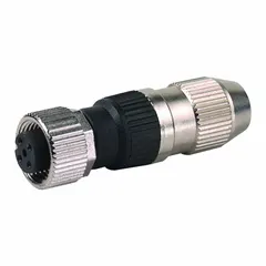 M12 A-coded socket connector with screw mounting and IDC wiring for field assembly. Rated 32V AC, IP67-sealed, straight body. Suitable for signal, low-power, and Gigabit data connections in industrial environments.