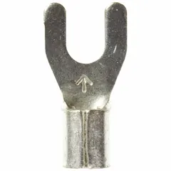 Non-insulated fork terminal for #8 stud size, accepting 12 AWG to 10 AWG wire. Standard fork configuration rated for 600 V. Suitable for power distribution and equipment wiring connections.