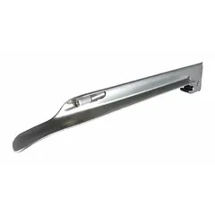 Disposable Miller laryngoscope blade, size 4, made of stainless steel with a silver finish. Includes a standard LED bulb for illumination. Overall length 9 in, width 7/8 in. Used for direct laryngoscopy during endotracheal intubation in medical airway management.