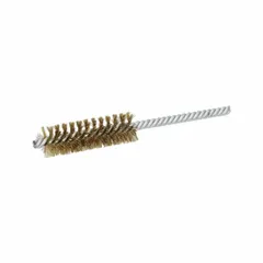 This double-stem brass tube brush is designed for heavy cleaning of soft metals. With a 3/4 in diameter, 0.01 in fill diameter, and 1/4 in stem diameter, it is suited for removing deposits from tube interiors in heat exchangers, condensers, and piping systems without damaging the base material.
