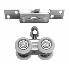 Top-type hanger kit for hanging door track systems. Supports sliding doors up to 150 lb. Width 1 1/2 in, height 1 in. Used in industrial or commercial track systems for smooth door operation.