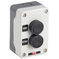This push-button control station features two normally open (2NO) contacts and a black operator with a For/Rev legend. It is configured with two push buttons and no pilot lights. Typical applications include forward/reverse motor control for industrial equipment such as conveyors, hoists, and machine tools.