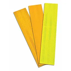 Reflective tape for high-visibility marking on buses, construction vehicles, emergency vehicles, and rail equipment. Features fluorescent lime/orange coloring with orange reflective color. Acrylic adhesive. 2-inch width, 10-pack.