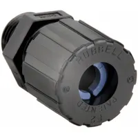 Straight nylon cable grip with 1/2 in MNPT box connection, accepting cord diameters from 0.38 in to 0.50 in. Black nylon body with blue color-coded grommet, 2 in overall length. Rated IP66 for dust and water ingress protection and Class I, Division 2 for hazardous locations. Suitable for securing and sealing wiring entering electrical enclosures in industrial environments