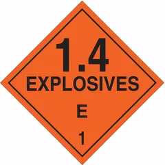 DOT placard for identifying containers holding Class 1.4 explosives. Measures 10 3/4 in x 10 3/4 in with a 10 3/4 in label height. Displays the message '1.4 Explosives E 1' for hazard communication during transport and storage.