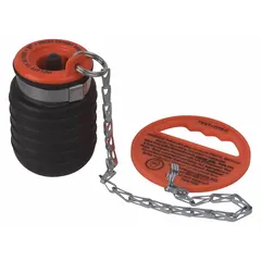 Standard multi-size plug with natural rubber seal and textured body surface. Fits pipes from 2 1/4 in to 3 1/4 in. Includes handle and chain tether for secure placement and retrieval. Used for pressure testing or blocking flow during maintenance in plumbing, HVAC, and process systems.