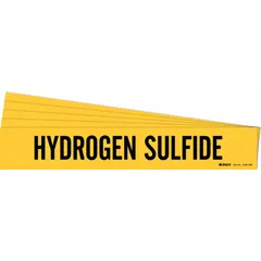 Yellow adhesive pipe marker with black legend text reading 'Hydrogen Sulfide'. Designed for pipes with outer diameter of 8 inches and larger. Pack of 5 markers without directional arrows. Used to identify piping systems carrying hydrogen sulfide gas for safety and compliance.