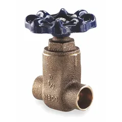 This NIBCO bronze gate valve features a non-rising stem design, making it suitable for installations with limited vertical clearance. It has sweat x sweat connections for permanent copper pipe installation and a cast brass wedge. The valve is rated for 200 psi CWP and is used for on/off flow control in plumbing, HVAC, and industrial water systems.