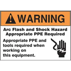 Adhesive-mounted paper warning signs (100-pack) reading 'Warning: Arc Flash And Shock Hazard Appropriate PPE Required Appropriate PPE And Tools Required When Working On This Equipment.' Non-retroreflective, not glow-in-the-dark. Applied to equipment panels, switchgear, and control cabinets in industrial electrical safety zones.