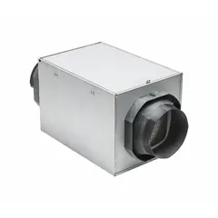 Round duct inline cabinet supply fan for horizontal discharge. Delivers 180 cfm at 0.100 in SP. 6-inch duct diameter, 115V AC single-phase, 2 speeds. Used to introduce fresh air into HVAC systems in residential or light commercial settings.