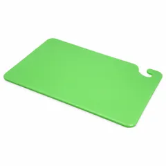 This SAN JAMAR cutting board is made of co-polymer material in green. It measures 12 inches in width and 18 inches in length. NSF Certified for food-contact surfaces, it is suited for food preparation tasks in commercial kitchens and foodservice operations.