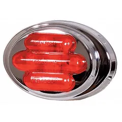 Red LED oval clearance light for surface mounting with pigtail connection. Features a red lens, hole mount, and IP67 rating for dust and water ingress protection. Used on trucks, trailers, and heavy equipment to mark vehicle width and height.