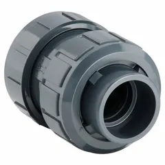 Inline ball check valve with PVC body and true union socket ends for 1 1/2 in pipe. Prevents backflow in non-metallic piping systems used for water treatment, chemical processing, and industrial fluid handling.