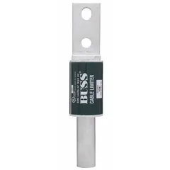 Cable-to-bolt limiter fuse rated 600 V AC for 750 kcmil copper conductors. Features a Tube-to-Offset Bolt connector for secure cable-to-bolt termination. Used in power distribution systems to limit fault current and protect conductors.