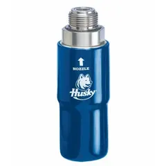 This reconnectable breakaway swivel connector is designed for Diesel Exhaust Fluid (DEF) dispensing systems. It features a 3/4 in BSPM male inlet and a 3/4 in BSPM male discharge, both conforming to BSP standards. The body is constructed from aluminum and stainless steel for chemical compatibility with DEF. Typical applications include DEF transfer at truck stops and fleet maintenance facilities.