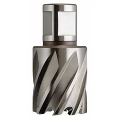 This high-speed steel annular cutter with TiCN coating is designed for general cutting applications in metalworking. It creates clean, precise holes in steel and other metals, commonly used in structural fabrication and maintenance. The Weldon Flat shank ensures secure tool holding. Cutter diameter: 15/16 in; max cutting depth: 1 in.
