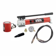 This 20-ton capacity lifting set includes a pump and cylinder with attachments. It is used for lifting, pressing, and positioning heavy loads in maintenance, construction, and manufacturing settings.