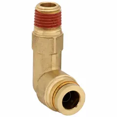 Brass adapter elbow with push-to-connect fitting on one end and male NPT thread on the other. Connects 3/8 in OD tubing to 1/4 in pipe ports. Used in pneumatic air brake systems and compressed air circuits for leak-resistant, tool-free connections.