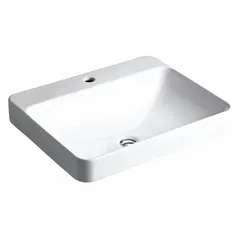 This KOHLER above counter mount bathroom sink is made of vitreous china in a white finish. It measures 23 inches in overall length and 18-1/8 inches in overall width, with one faucet hole. Designed for installation on a vanity or countertop, it requires a separate faucet for operation.