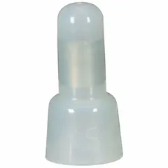 Clear nylon-insulated closed-end crimp connector with copper contact. Rated for 600 V, accepts wire sizes from 18 AWG to 10 AWG. Maximum wire combination (2) 14 AWG, minimum (1) 22 AWG. CSA Certified. Used for terminating and insulating multiple wires in electrical junctions and splices.