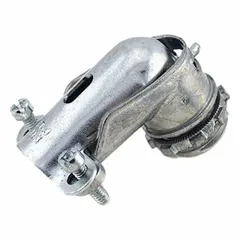 This 90° squeeze-style connector is made of die cast zinc with a silver finish. It features a 1/2-inch box connection and a 2-screw cable clamping method for use with AC/MC/FMC cable. The connector is non-insulated and RoHS compliant. Typical applications include terminating and securing cable to electrical boxes in commercial and industrial installations.