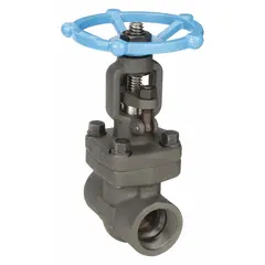 This SHARPE gate valve features a forged steel body and bonnet with a rising stem and solid wedge made of 410 stainless steel. It has FNPT x FNPT connections and a wheel operator, rated for 1,975 psi CWP. Typical applications include on/off isolation in high-pressure piping systems.