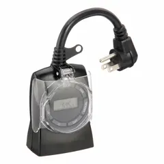 Digital plug-in timer switch with NEMA 5-15R receptacle, rated for outdoor use. Operates on a 24-hour setting cycle at 125V AC. Suitable for basic timed control of connected electrical loads such as lights, pumps, or fans.