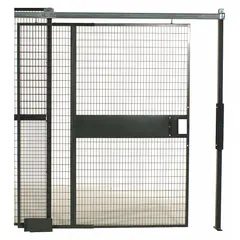 Steel sliding door with powder-coated gray finish, designed for woven-wire partition systems. Right mounting orientation; includes mounting hardware. Used to create secure access points in industrial enclosures, warehouses, and machine guarding areas.