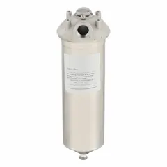 This Parker water filter cartridge housing is constructed from 316 stainless steel with a silver finish. It features a 3/4 inch NPT female connection, an overall height of 12 3/4 inches, and an overall diameter of 3 5/8 inches. Designed to contain a standard water filter cartridge for particulate filtration in plumbing systems.