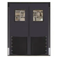 Gray polyethylene washdown swinging door with two doors, each 6 ft wide by 8 ft high. Includes a polycarbonate window and door seals. Suitable for industrial environments requiring frequent washdown and sanitation.