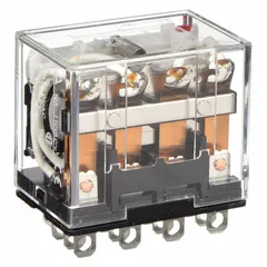 Socket-mounted relay from the OMRON LY Series with 4PDT contacts, rated 10 A at 120V AC. Features a square base, flat pins, and 14 plug-in terminals for straightforward installation in control panels and automation systems.