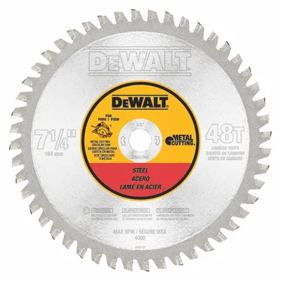 DEWALT Circular Saw Blade: 7 1/4 in Blade Dia., 48 Teeth, 0.08 in Cut Wd, 5/8 in Arbor Size - Steel & General Metal-Cutting Blades