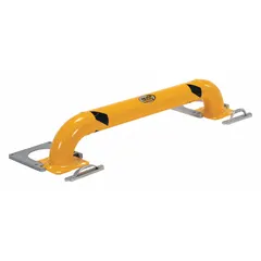 Floor-mounted steel guardrail in yellow with a 9-inch top rail height and 5/8-inch mounting hole diameter. Mid-rail not included. Used to define safe zones around machinery, equipment, or pedestrian areas in industrial facilities.