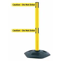 This retractable belt post barrier features a yellow plastic post with a black base and a yellow rubber belt printed with 'Caution Do Not Enter' in black. The belt extends to 13 ft. Used to cordon off restricted areas and guide pedestrian traffic in industrial facilities, warehouses, and public spaces.