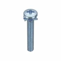 Machine screw with pre-assembled external tooth lock washer, #4-40 thread, 5/8 in length. Steel construction with zinc-plated finish, pan head, and Phillips drive (size #1). Supplied in a 100-piece pack. Used in applications where the lock washer resists loosening under vibration, such as machinery assembly and panel fastening