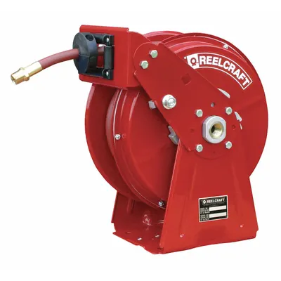 REELCRAFT Spring Return Hose Reel: 50 ft (1/4 in I.D.), 1/4 in MNPT, 300 psi Max Op Pressure - Dual-Pedestal Air or Water Spring-Return Hose Reels