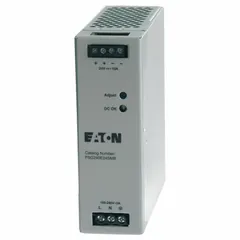 Single-phase DIN rail mount DC power supply with metal housing. Converts 100 to 240V AC input to a regulated 24 VDC output. Rated output power of 240 W and output current of 10 A. Suitable for industrial control panels, automation systems, and machinery requiring reliable DC power.