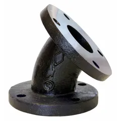 This 45° elbow is a low-pressure flanged pipe fitting with flange x flange connections. Rated Class 125, it has a maximum operating pressure of 175 psi at 150° F. Used to change flow direction in piping systems for water, steam, or air lines.
