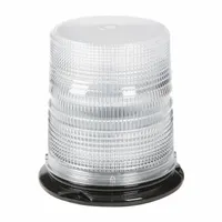 Amber LED flashing beacon with round shape and pipe mount. Operates on 12 to 24V DC with 12 selectable flash patterns. SAE Class 1 rated for high-visibility warning on vehicles. Electrical connection via blunt cut wires; overall dimensions 6 3/8 in wide by 6 11/16 in high