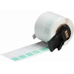 This vinyl wraparound label features a green matte finish and measures 1 1/2 inches by 1/2 inch. It is designed for wire gauges from 10 AWG to 4 AWG. The label is compatible with the BMP71 printer series and requires the M61-R4310 ribbon for printing. Typical applications include permanent identification of wires in electrical panels, data centers, and manufacturing facilities.