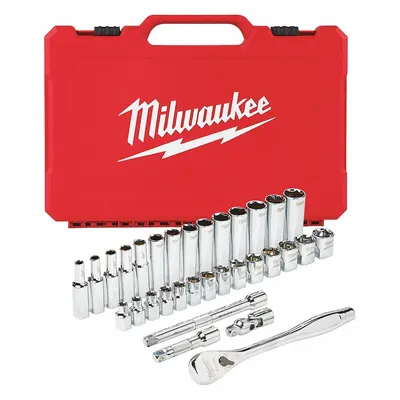 MILWAUKEE Socket Wrench Set: 3/8 in Drive, 32 Piece, 6-Point, Metric - Metric Socket Sets with Drive Tools
