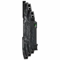 Pre-assembled relay and socket unit with spring terminal connections and push-in termination, rated for 60V DC. Designed for DIN rail mounting, it is used for switching and isolating low-power signals in industrial control panels and building automation systems.